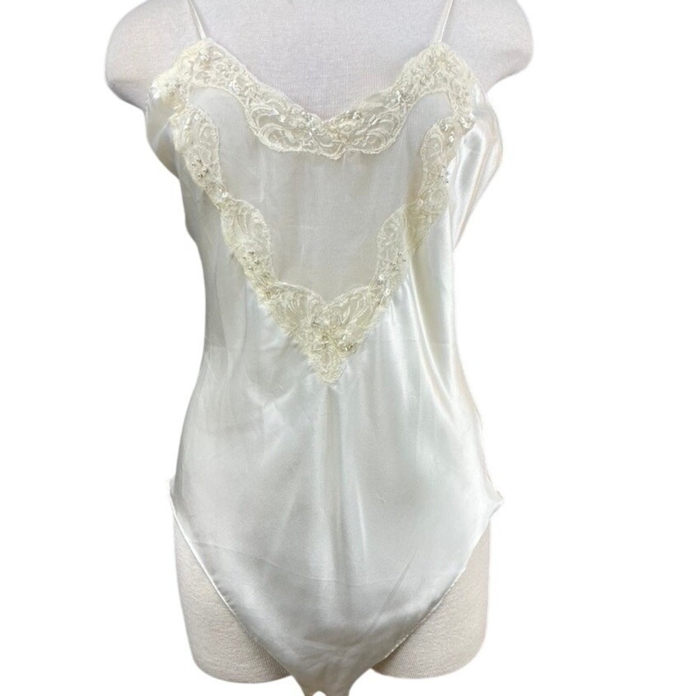 GO SOFTLY Womens (M Ivory Satin Beaded Lace Teddy Bodysuit Lingerie Sheer Bridal
